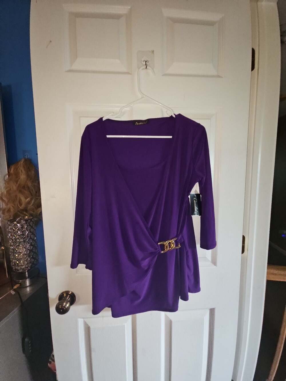 Candid Soul Purple Wrap Top with Gold Buckle Embellishment